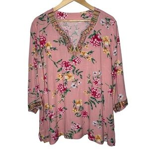 Belle by Kim Gravel Top Women's XL Pink Yellow Floral Embroidered Peasant Boho